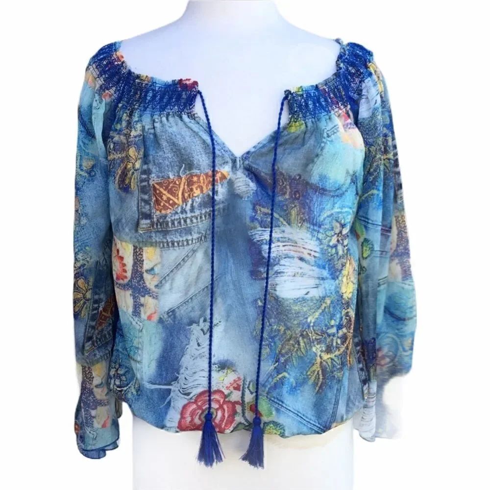 V Christina tassel toe peplum graphic blouse